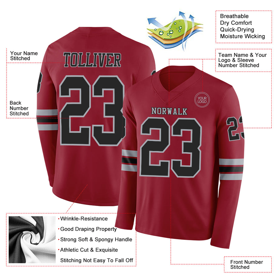 Custom Cardinal Black-Gray Long Sleeve Authentic Football Jersey