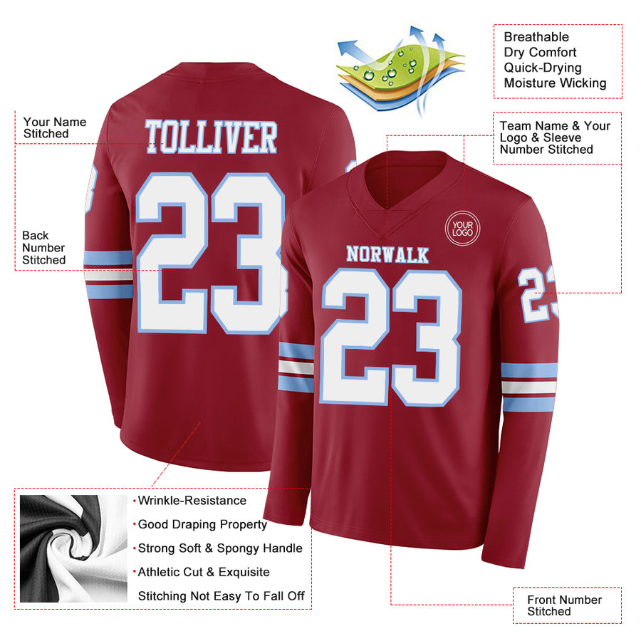 Custom Cardinal White-Light Blue Long Sleeve Authentic Football Jersey