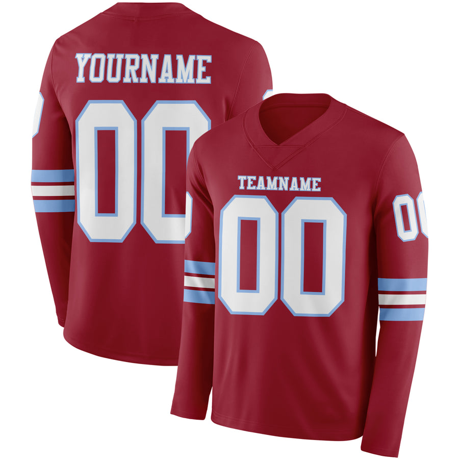Custom Cardinal White-Light Blue Long Sleeve Authentic Football Jersey