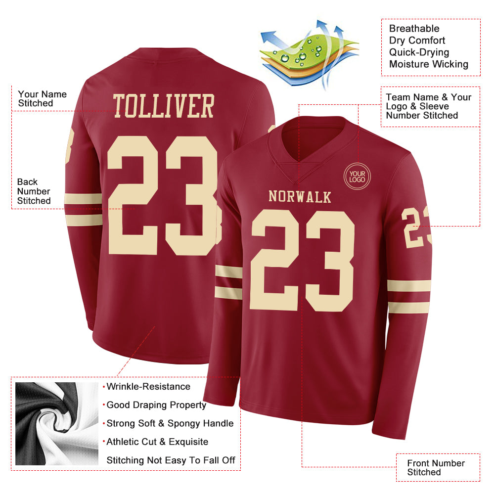 Custom Cardinal Cream Long Sleeve Authentic Football Jersey