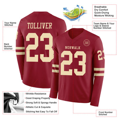 Custom Cardinal Cream Long Sleeve Authentic Football Jersey