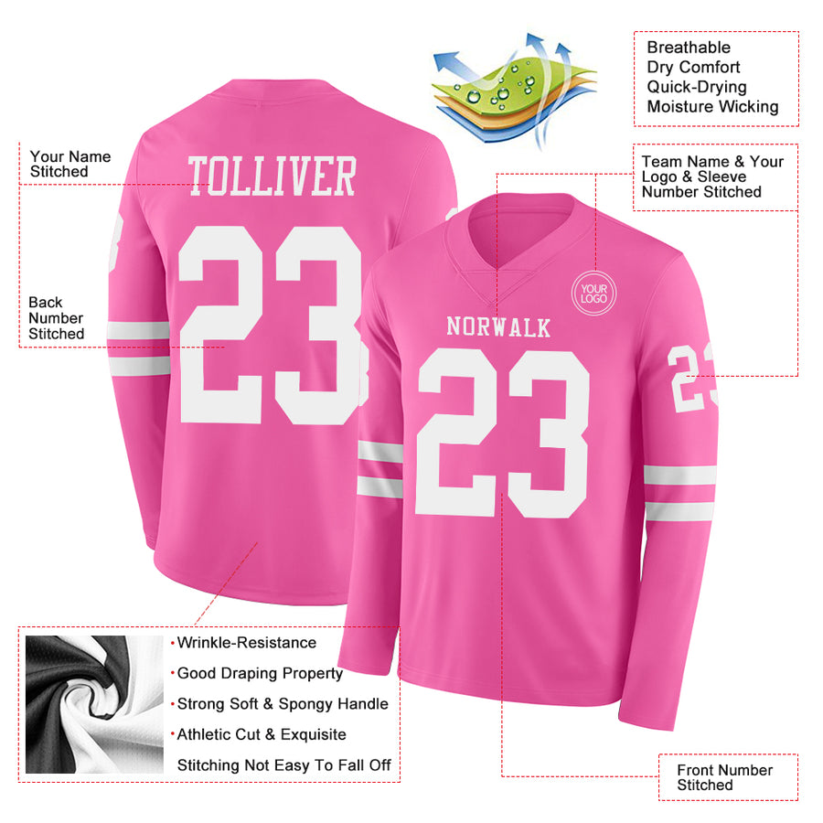 Custom Pink White Long Sleeve Authentic Football Jersey