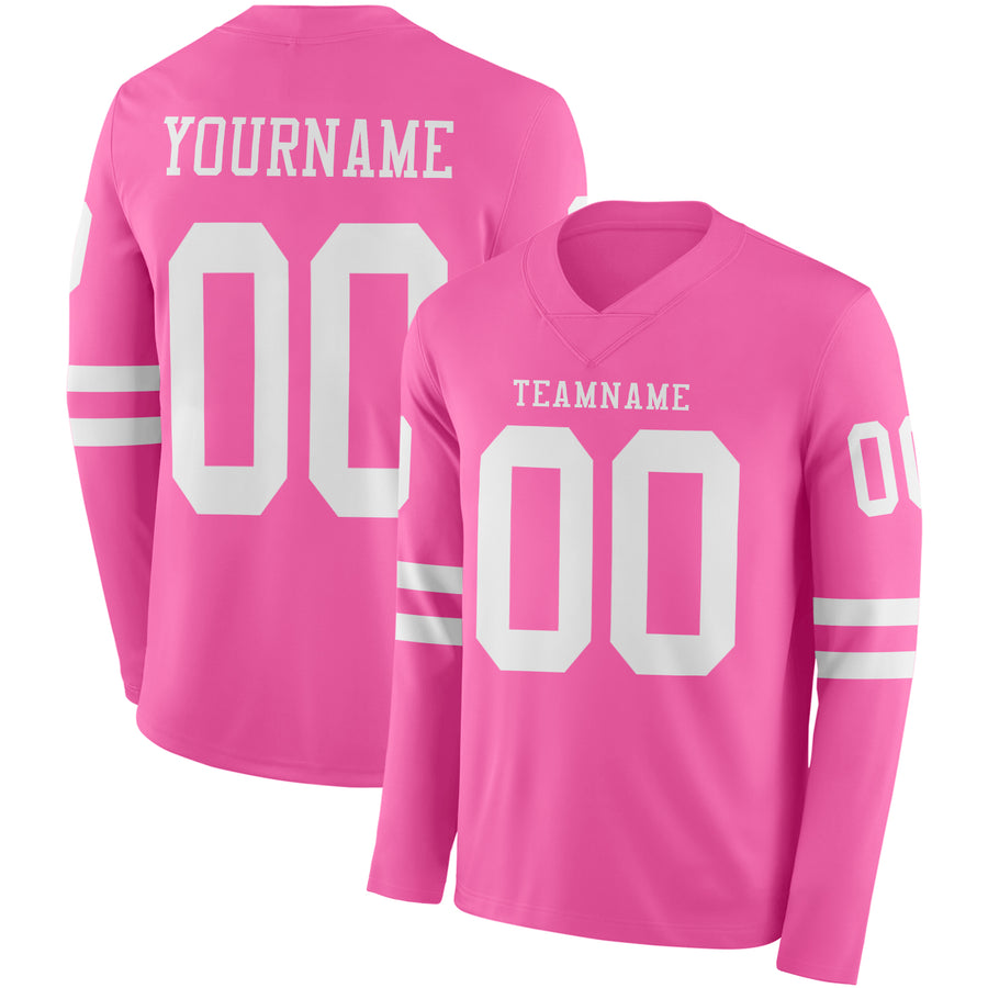 Custom Pink White Long Sleeve Authentic Football Jersey