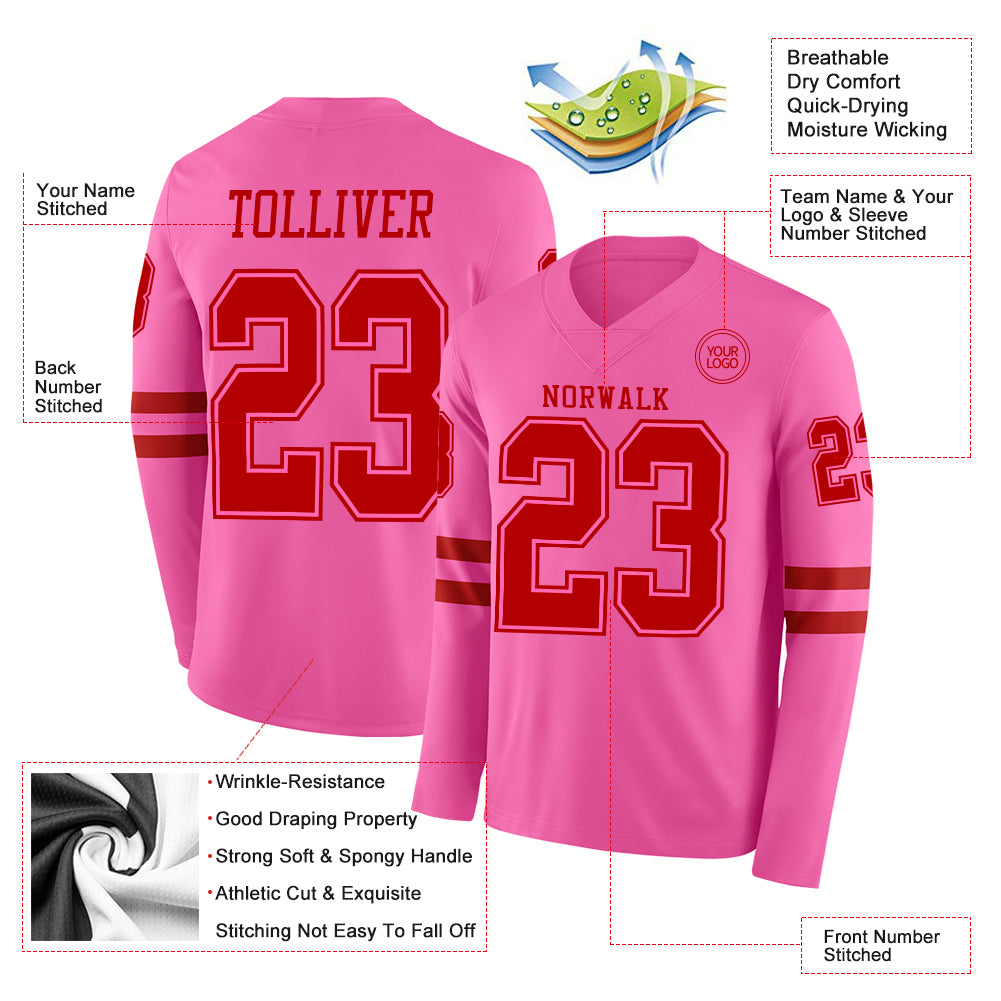 Custom Pink Red Long Sleeve Authentic Football Jersey