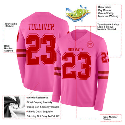 Custom Pink Red Long Sleeve Authentic Football Jersey
