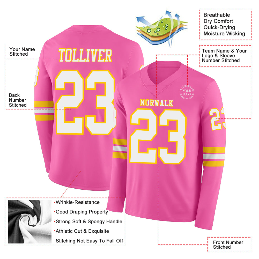 Custom Pink White-Yellow Long Sleeve Authentic Football Jersey