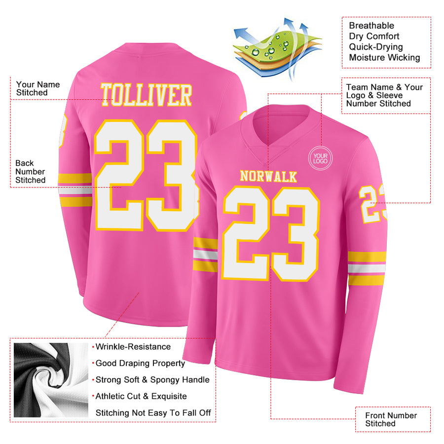 Custom Pink White-Yellow Long Sleeve Authentic Football Jersey