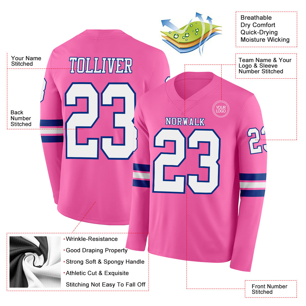 Custom Pink White-Royal Long Sleeve Authentic Football Jersey