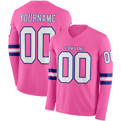 Custom Pink White-Royal Long Sleeve Authentic Football Jersey