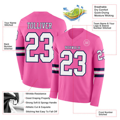 Custom Pink White-Navy Long Sleeve Authentic Football Jersey
