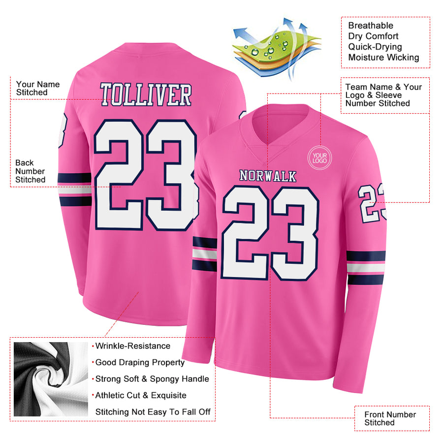 Custom Pink White-Navy Long Sleeve Authentic Football Jersey