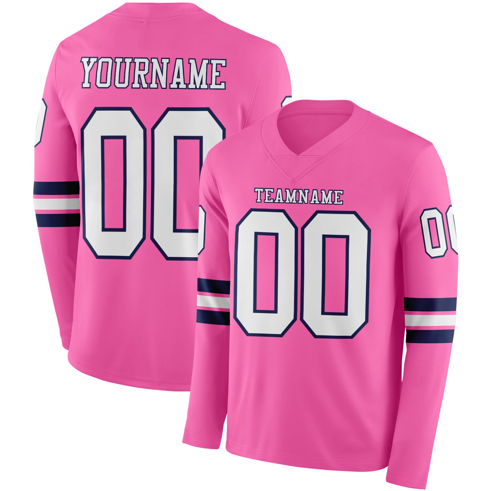 Custom Pink White-Navy Long Sleeve Authentic Football Jersey