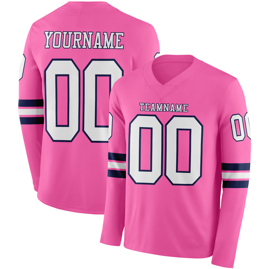 Custom Pink White-Navy Long Sleeve Authentic Football Jersey