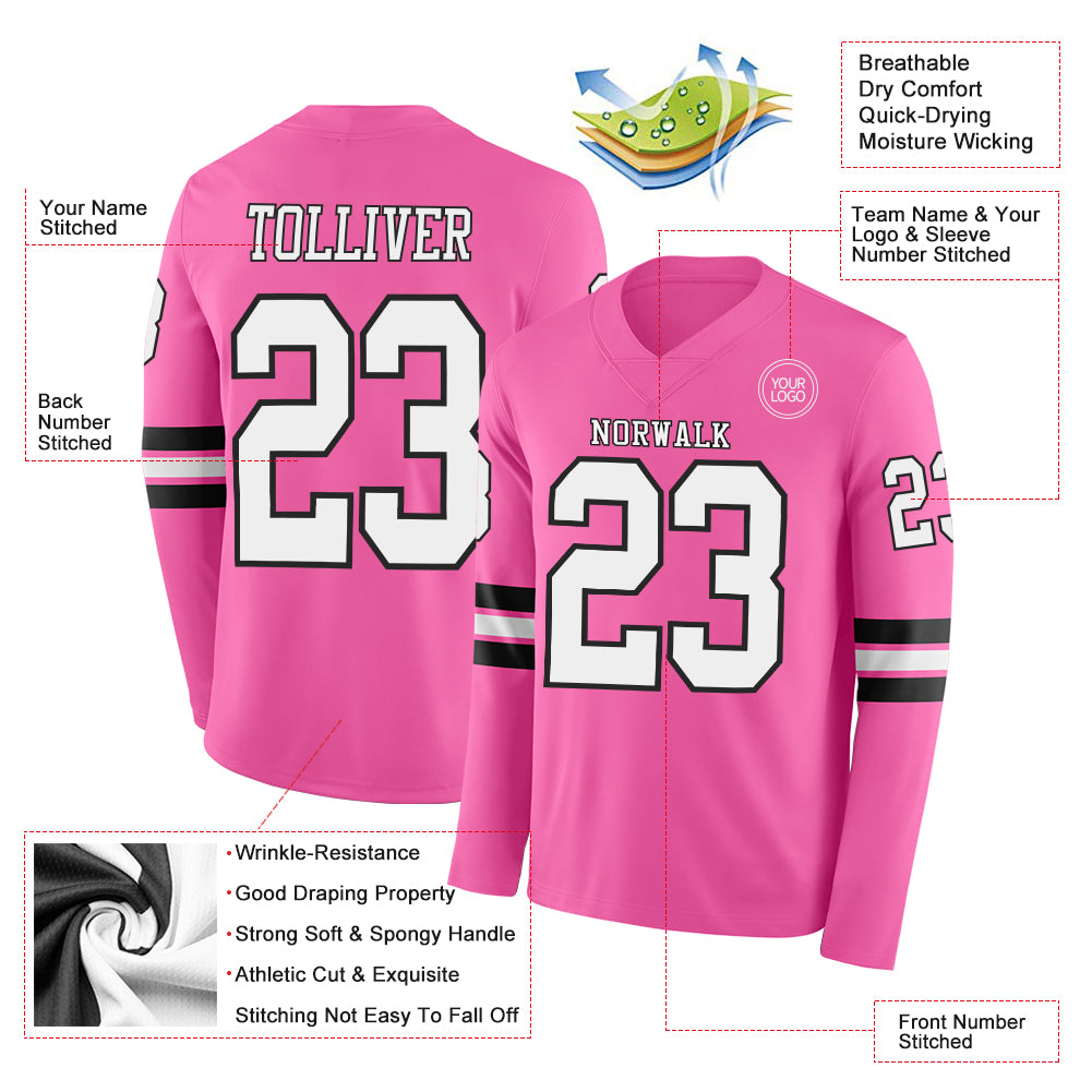 Custom Pink White-Black Long Sleeve Authentic Football Jersey