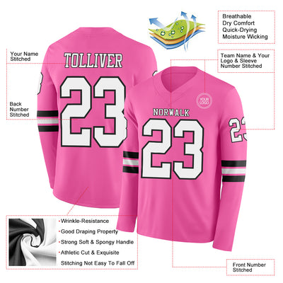 Custom Pink White-Black Long Sleeve Authentic Football Jersey