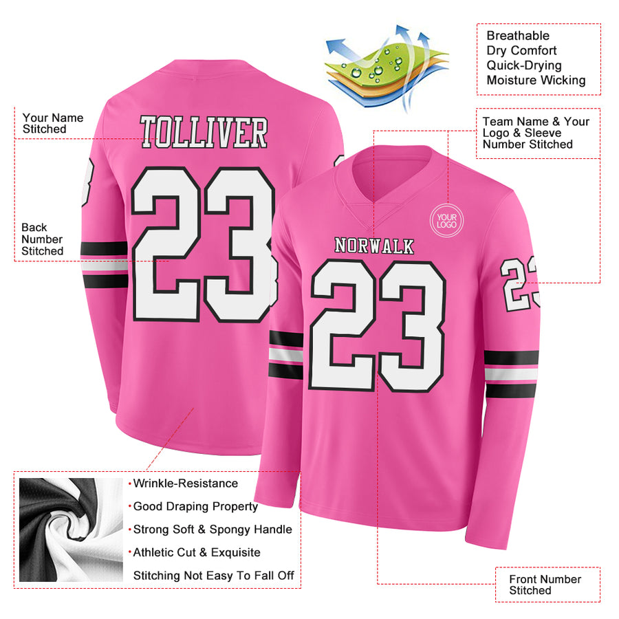Custom Pink White-Black Long Sleeve Authentic Football Jersey
