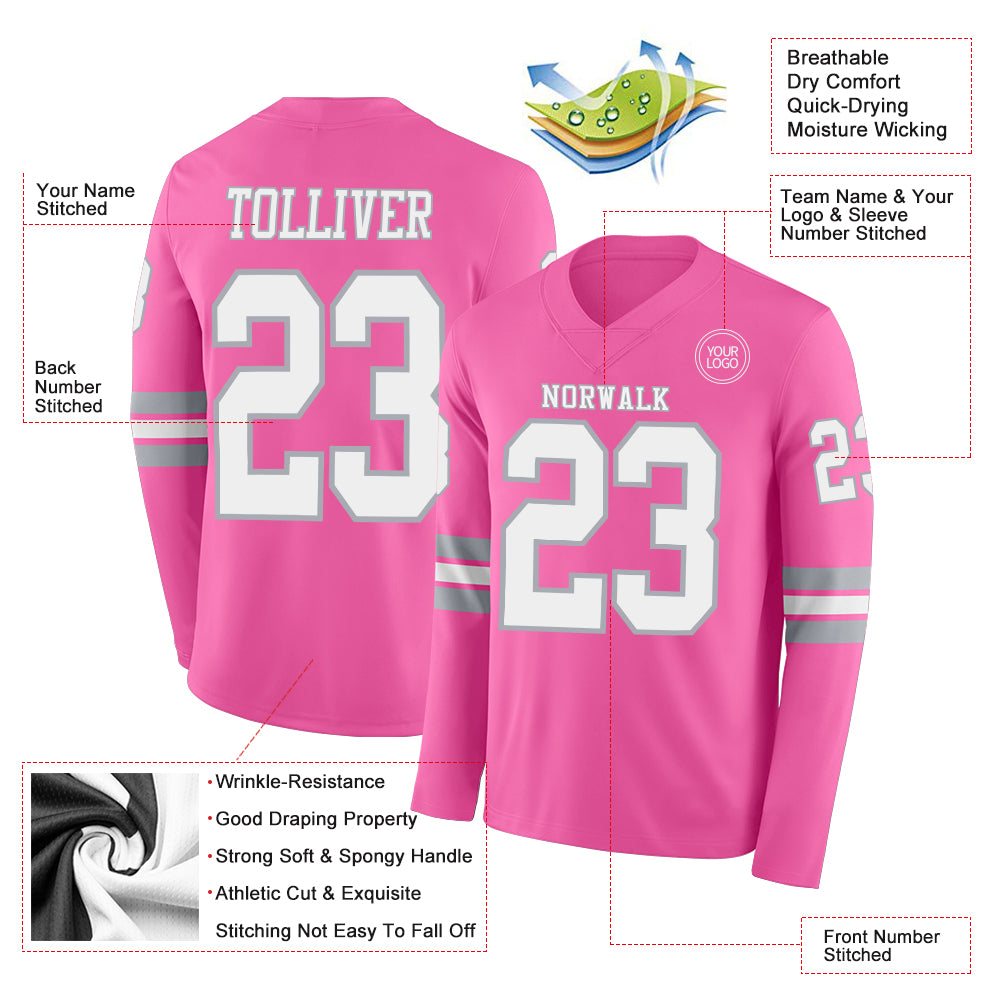 Custom Pink White-Gray Long Sleeve Authentic Football Jersey