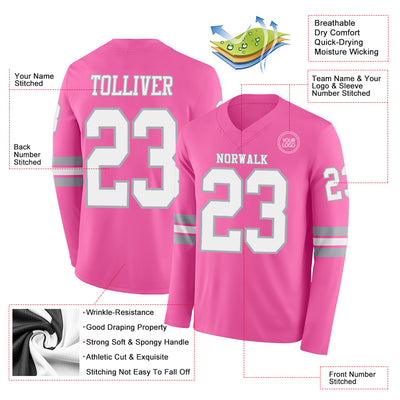 Custom Pink White-Gray Long Sleeve Authentic Football Jersey