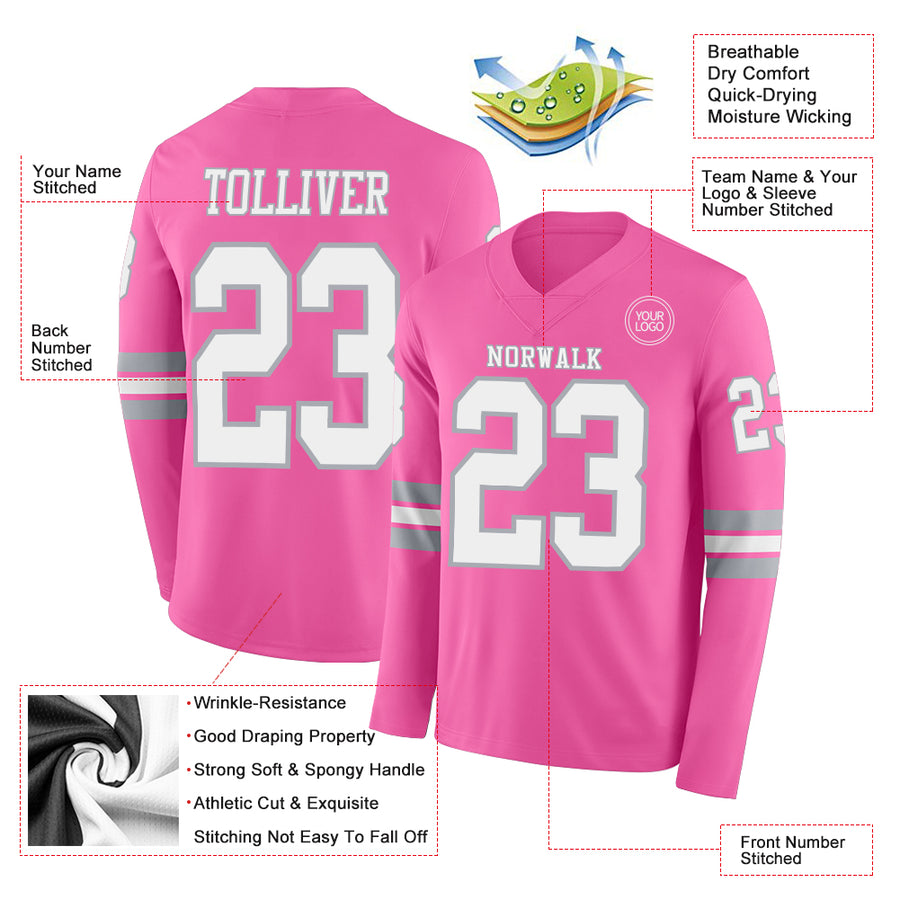 Custom Pink White-Gray Long Sleeve Authentic Football Jersey