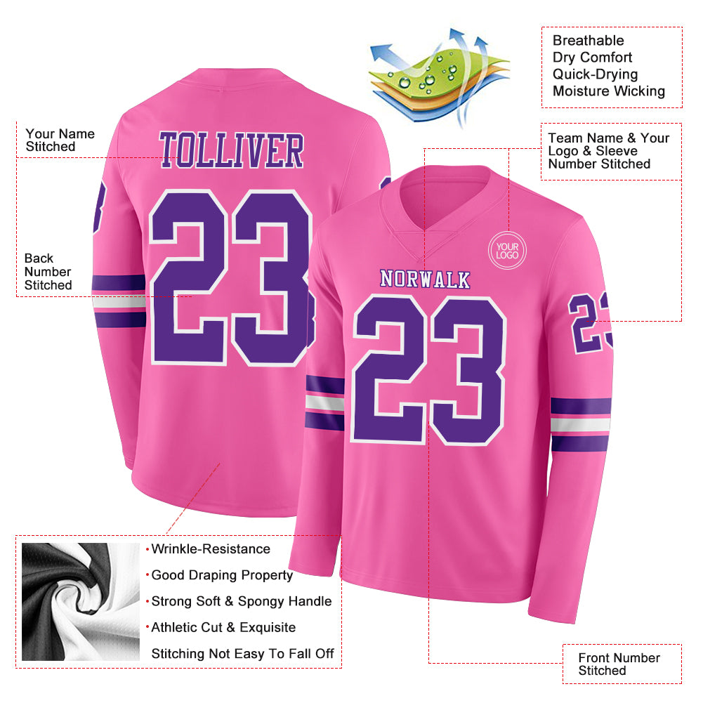Custom Pink Purple-White Long Sleeve Authentic Football Jersey