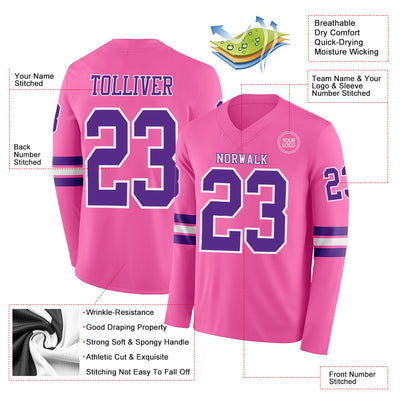 Custom Pink Purple-White Long Sleeve Authentic Football Jersey