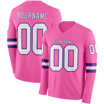 Custom Pink White-Purple Long Sleeve Authentic Football Jersey