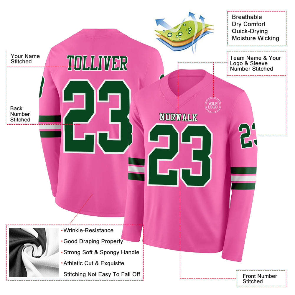 Custom Pink Green-White Long Sleeve Authentic Football Jersey