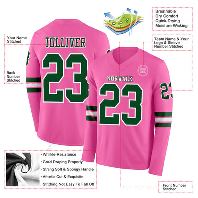 Custom Pink Green-White Long Sleeve Authentic Football Jersey