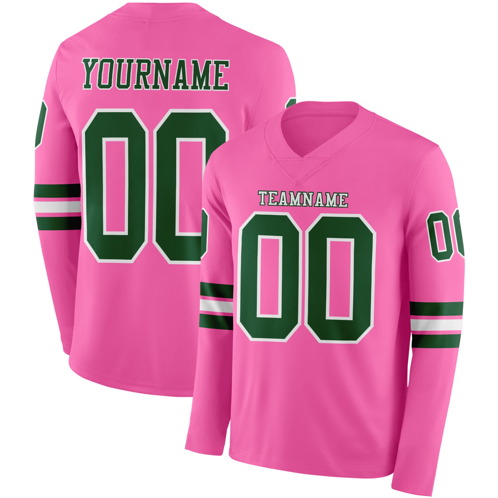 Custom Pink Green-White Long Sleeve Authentic Football Jersey