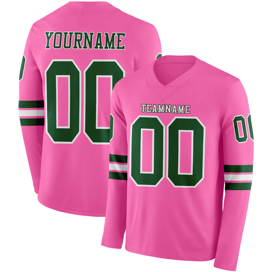 Custom Pink Green-White Long Sleeve Authentic Football Jersey