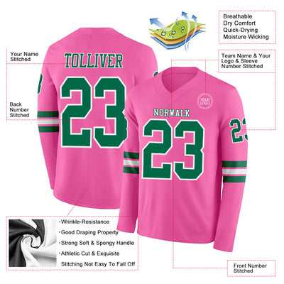 Custom Pink Kelly Green-White Long Sleeve Authentic Football Jersey