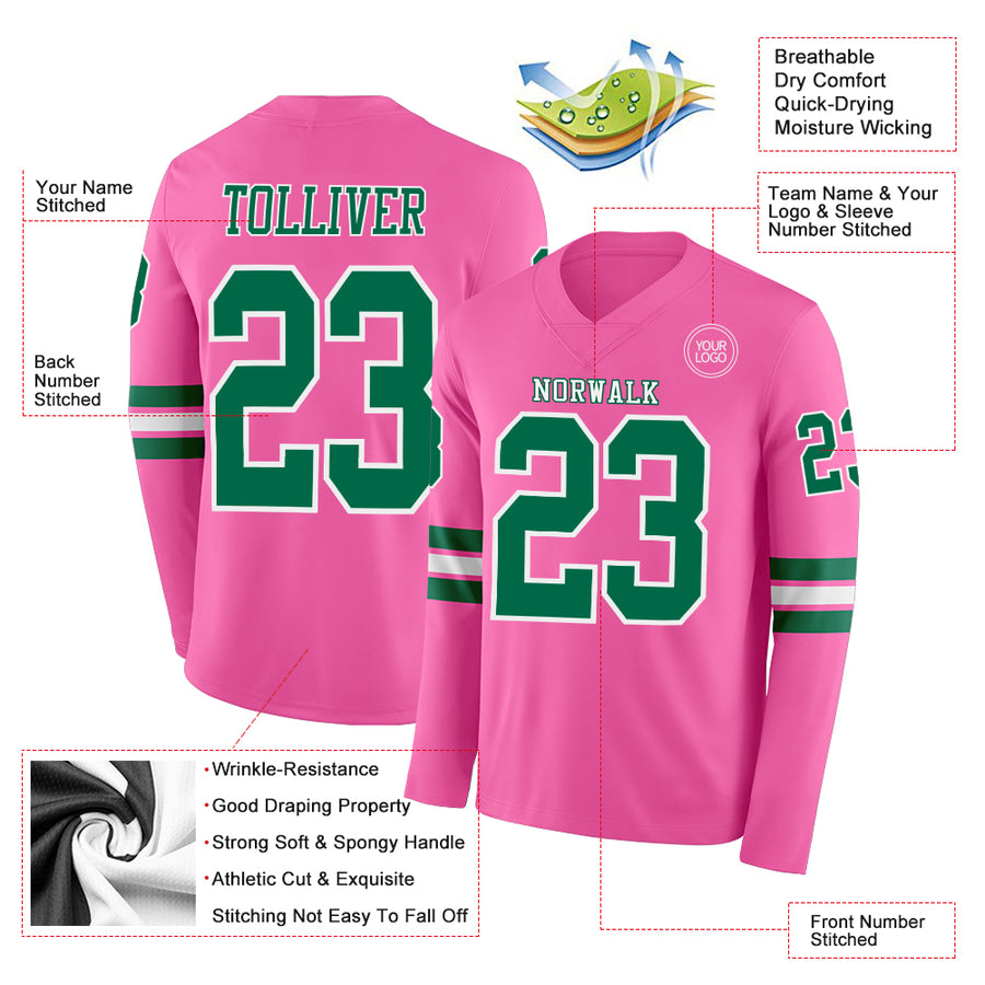 Custom Pink Kelly Green-White Long Sleeve Authentic Football Jersey