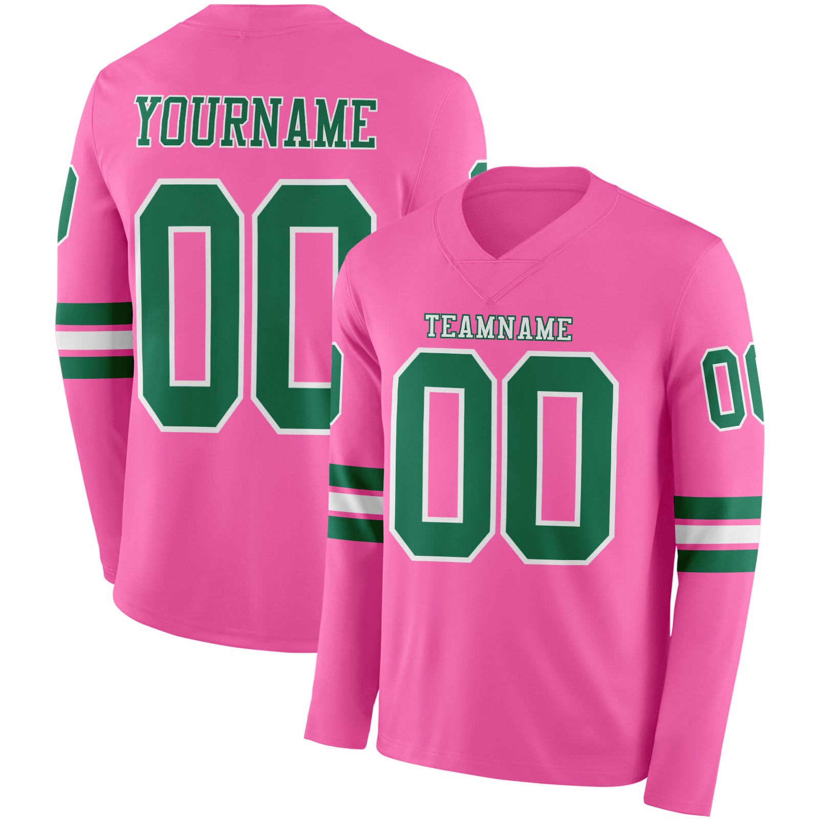 Custom Pink Kelly Green-White Long Sleeve Authentic Football Jersey