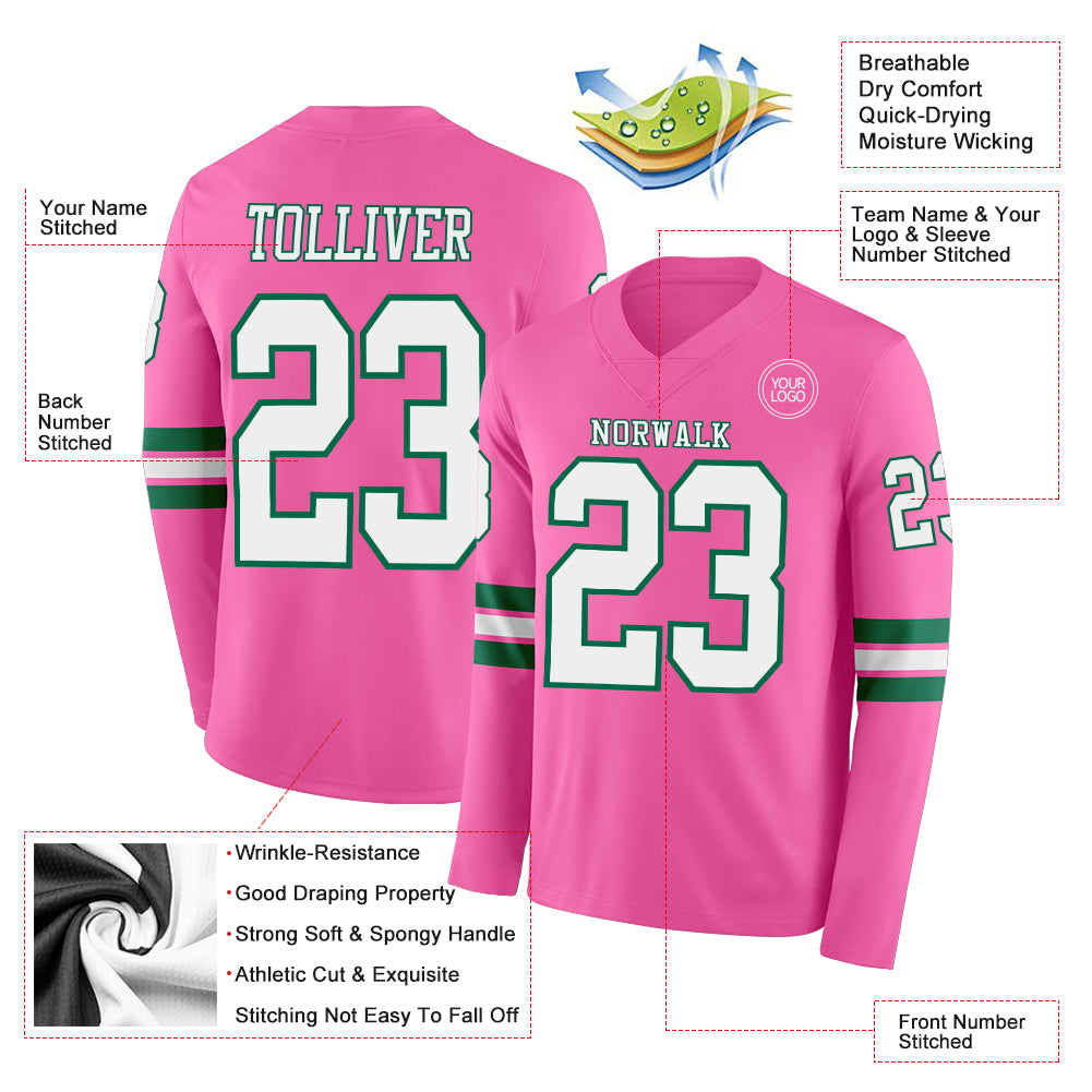 Custom Pink White=Kelly Green Long Sleeve Authentic Football Jersey
