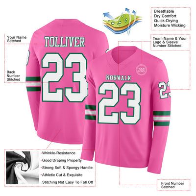 Custom Pink White=Kelly Green Long Sleeve Authentic Football Jersey