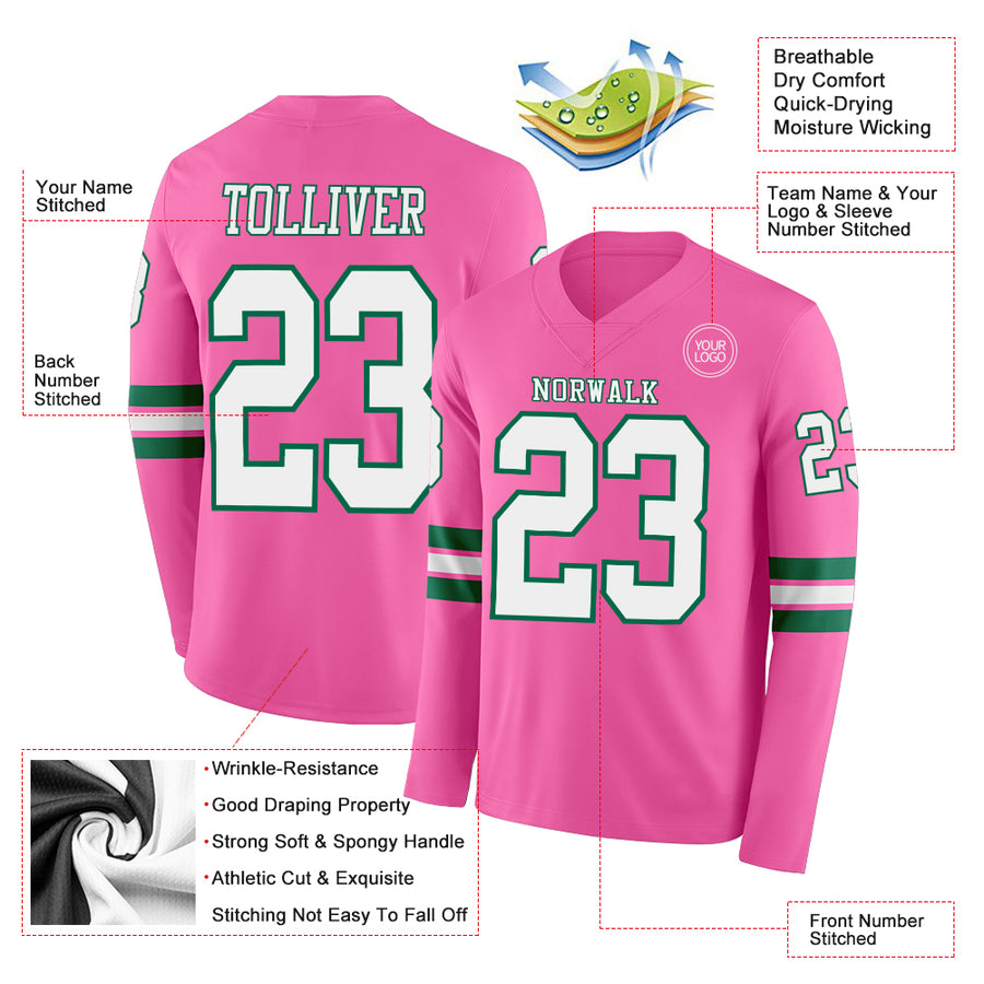 Custom Pink White=Kelly Green Long Sleeve Authentic Football Jersey