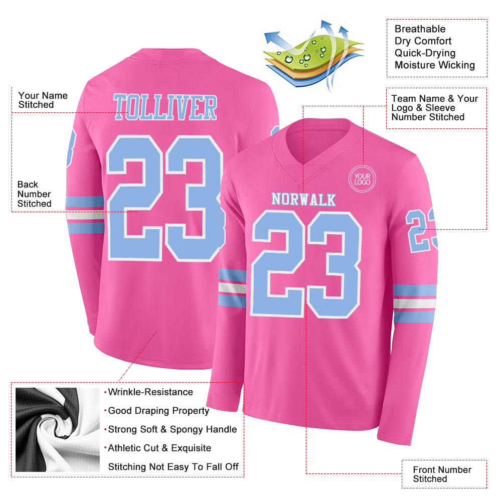 Custom Pink Light Blue-White Long Sleeve Authentic Football Jersey