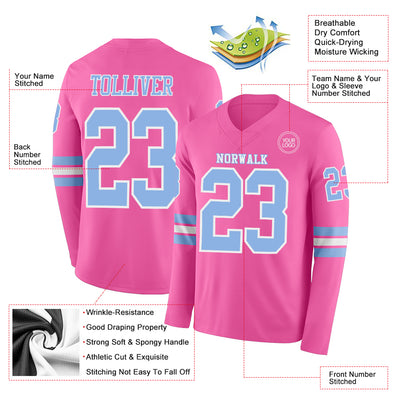Custom Pink Light Blue-White Long Sleeve Authentic Football Jersey