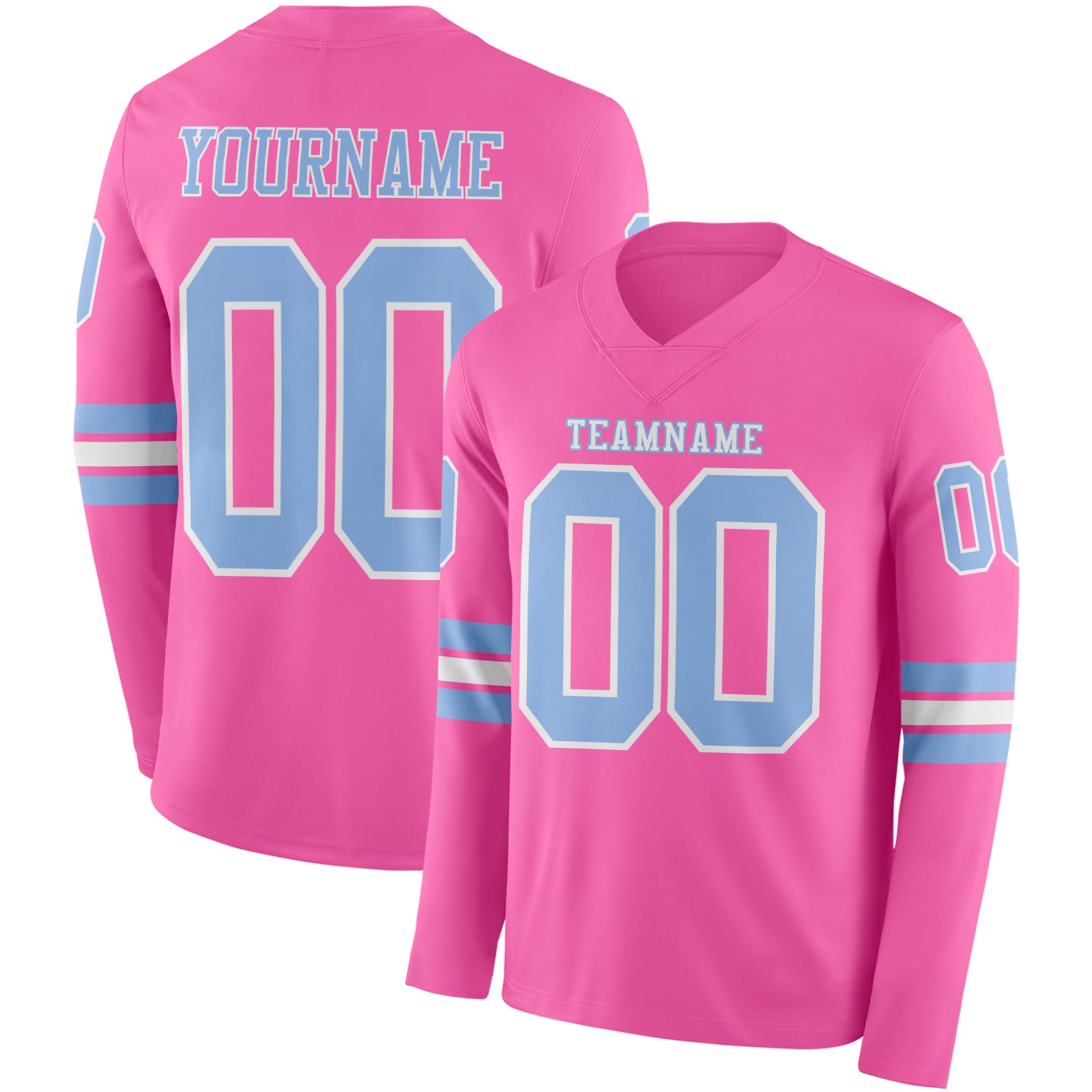 Custom Pink Light Blue-White Long Sleeve Authentic Football Jersey