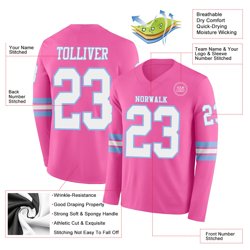 Custom Pink White-Light Blue Long Sleeve Authentic Football Jersey