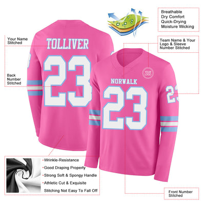 Custom Pink White-Light Blue Long Sleeve Authentic Football Jersey