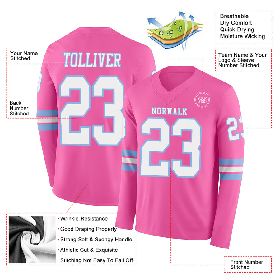 Custom Pink White-Light Blue Long Sleeve Authentic Football Jersey