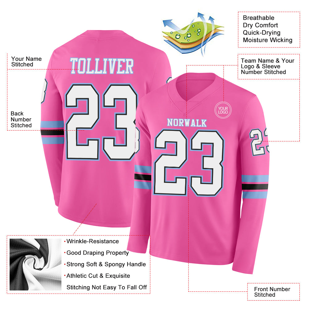 Custom Pink White Black-Light Blue Long Sleeve Authentic Football Jersey