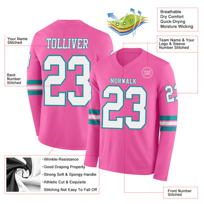 Custom Pink White-Teal Long Sleeve Authentic Football Jersey