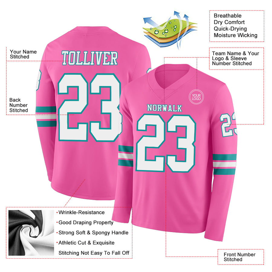Custom Pink White-Teal Long Sleeve Authentic Football Jersey