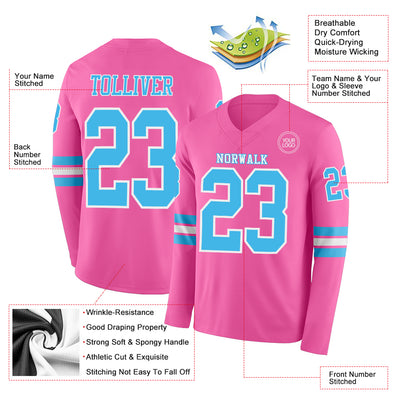 Custom Pink Sky Blue-White Long Sleeve Authentic Football Jersey