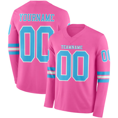 Custom Pink Sky Blue-White Long Sleeve Authentic Football Jersey
