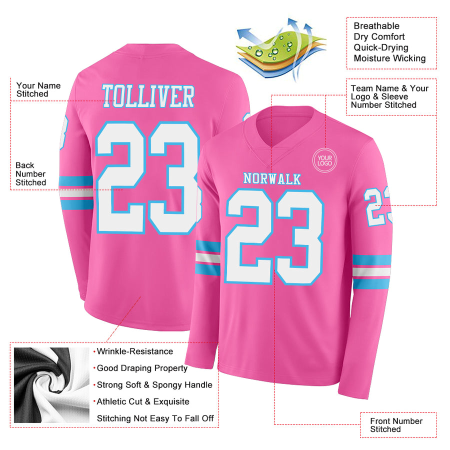 Custom Pink White-Sky Blue Long Sleeve Authentic Football Jersey