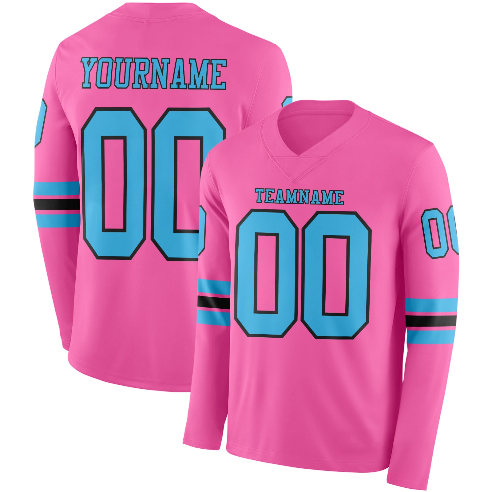 Custom Pink Sky Blue-Black Long Sleeve Authentic Football Jersey