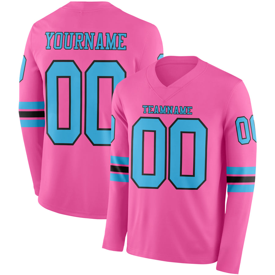 Custom Pink Sky Blue-Black Long Sleeve Authentic Football Jersey